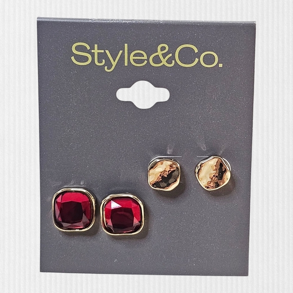 tyle‎ & Co. 2-Piece Red and Gold Colored Stone Square Stud Earrings (NWT) - Picture 1 of 6